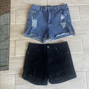 Blue and Black Jean Shorts with Distressed and Polished Styles